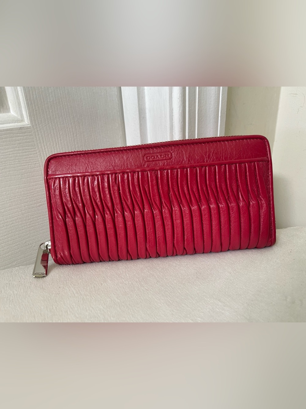 Coach Red Pleated Leather Zip-Around Wallet